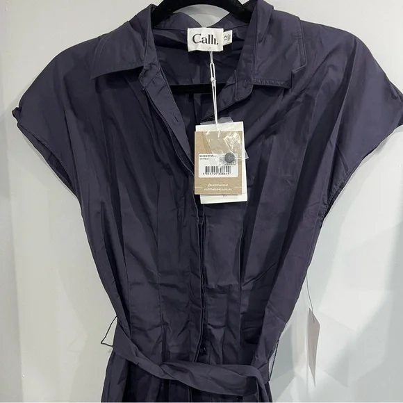 Calli Button Up Navy Belted Dress Bonne Shirt Dress Us 8 - Natural Fibres - Picture 4 of 7